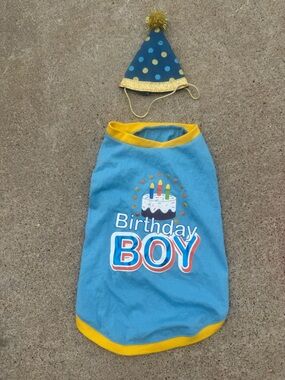 Top Paw Birthday Boy Dog Shirt w/ Hat Blue Party Outfit Size M